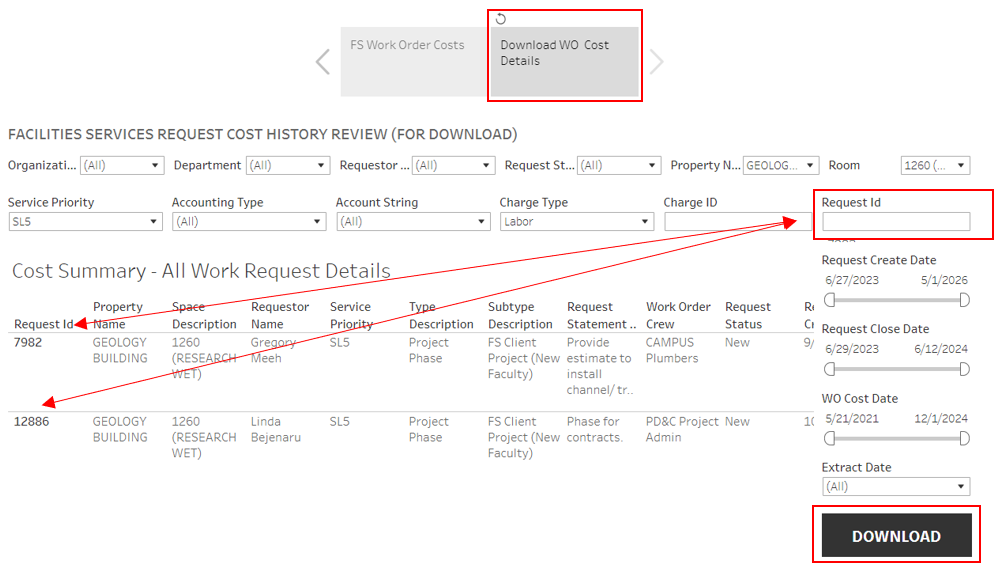 Download WO cost details