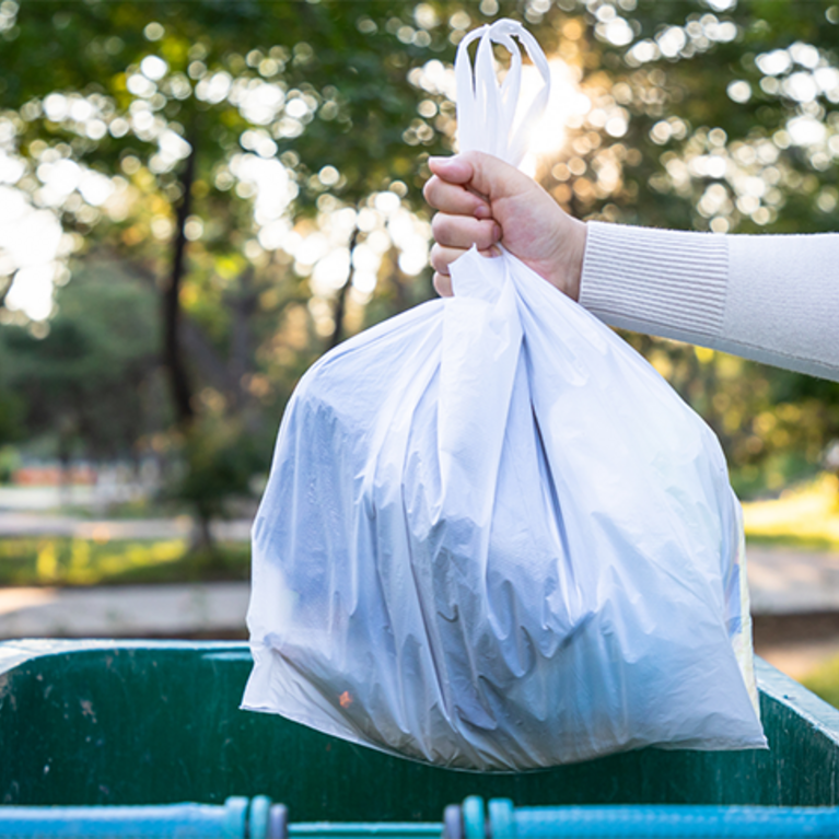 Hand holding a trash bag