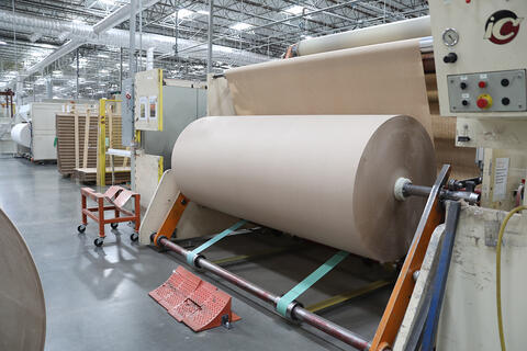 A colossal roll of paper towel material on a factory line