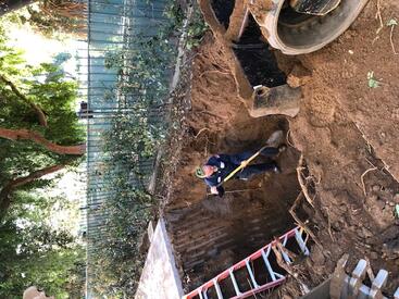A technician excavates a deep trench in a landscaped outdoor area. Yellow-handled shovel, red ladder, exposed roots, soil, concrete pipes, and green metal fence mark active utility work